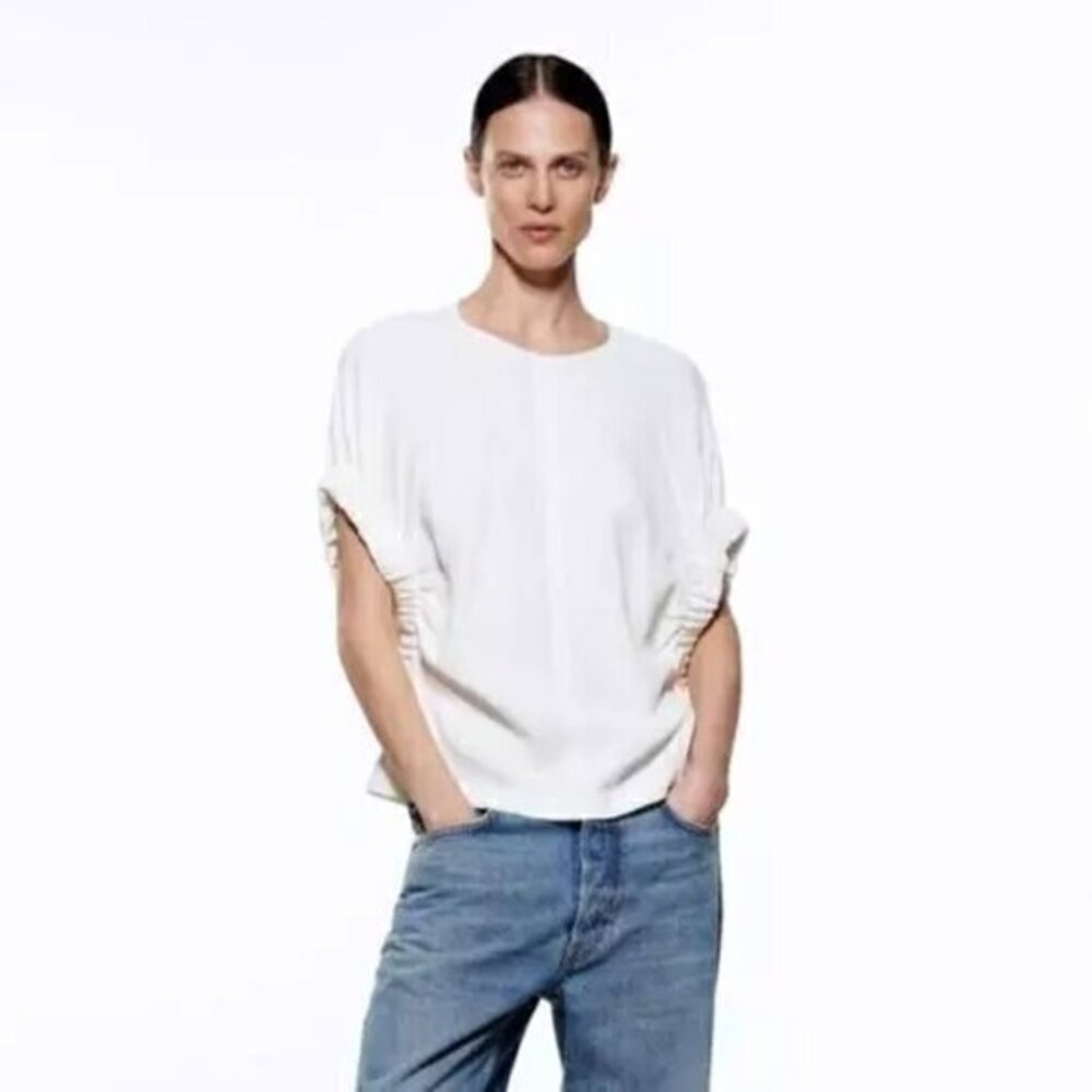 Zara White Blouse with Rolled Scrunched Sleeve Top Size XS NWT